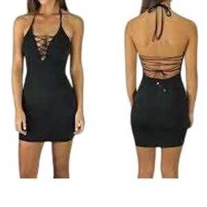 Hello Molly Black Halter Lace Up Bodycon Mini Dress‎ 8 Y2K